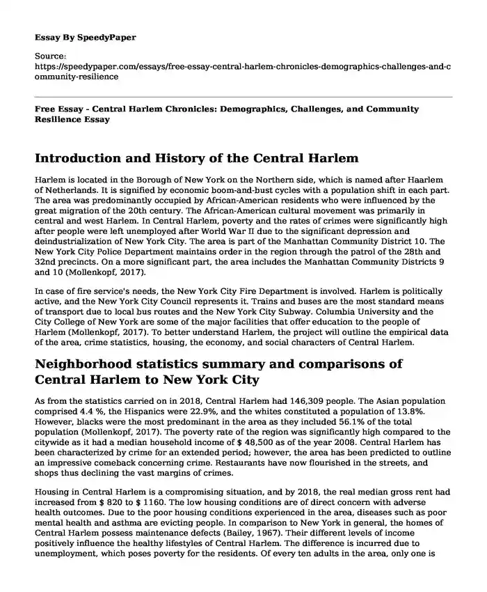 Free Essay - Central Harlem Chronicles: Demographics, Challenges, and Community Resilience