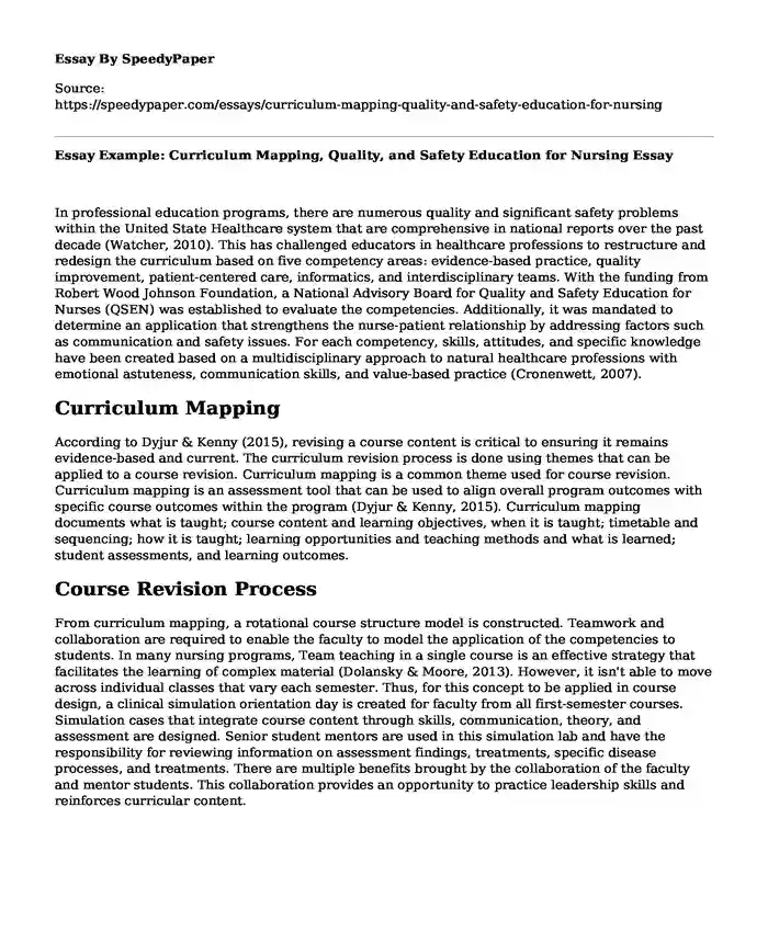 Essay Example: Curriculum Mapping, Quality, and Safety Education for Nursing