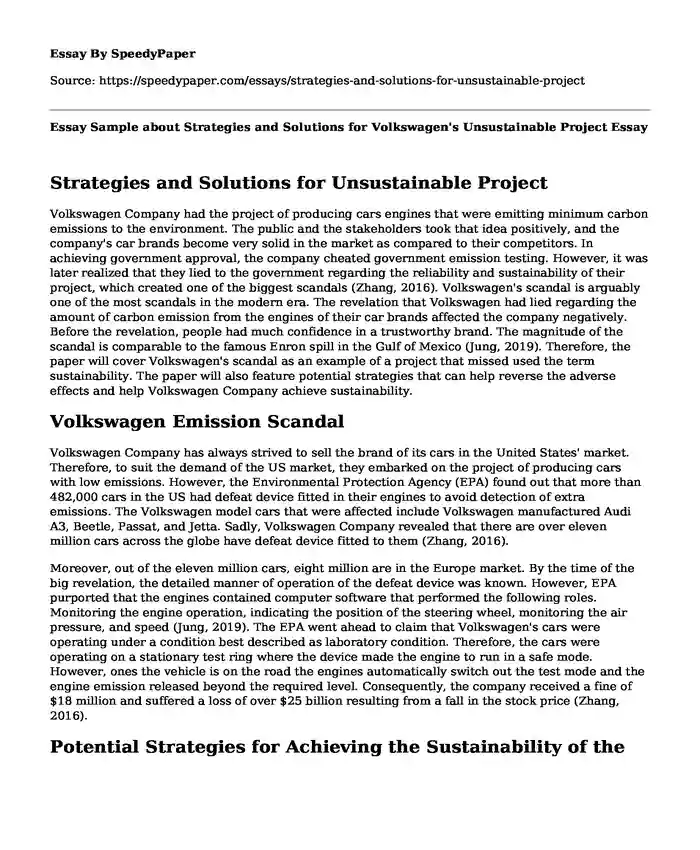 Essay Sample about Strategies and Solutions for Volkswagen's Unsustainable Project