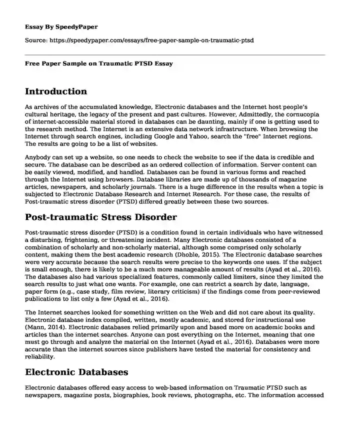 Free Paper Sample on Traumatic PTSD
