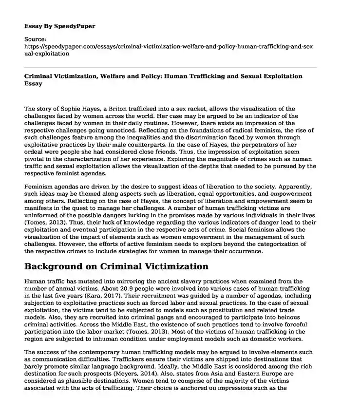 Criminal Victimization, Welfare and Policy: Human Trafficking and Sexual Exploitation