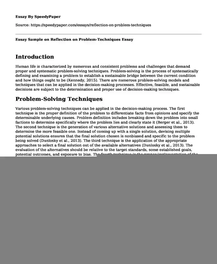 Essay Sample on Reflection on Problem-Techniques