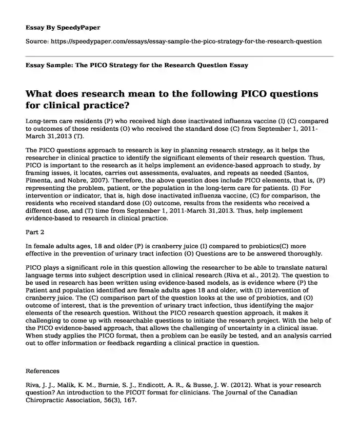 Essay Sample: The PICO Strategy for the Research Question
