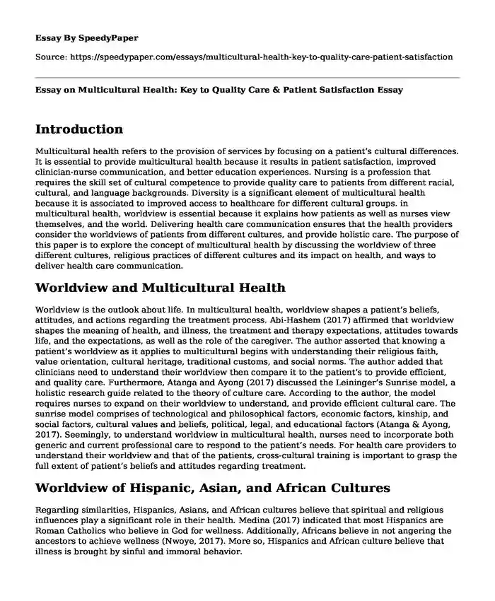 Essay on Multicultural Health: Key to Quality Care & Patient Satisfaction
