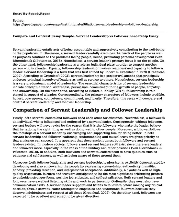 Compare and Contrast Essay Sample: Servant Leadership vs Follower Leadership