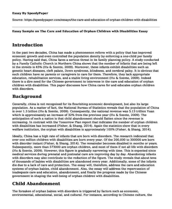Essay Sample on The Care and Education of Orphan Children with Disabilities