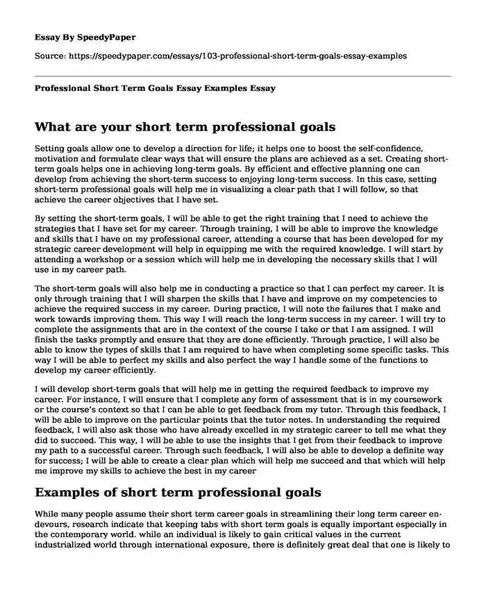 Professional Short Term Goals Essay Examples