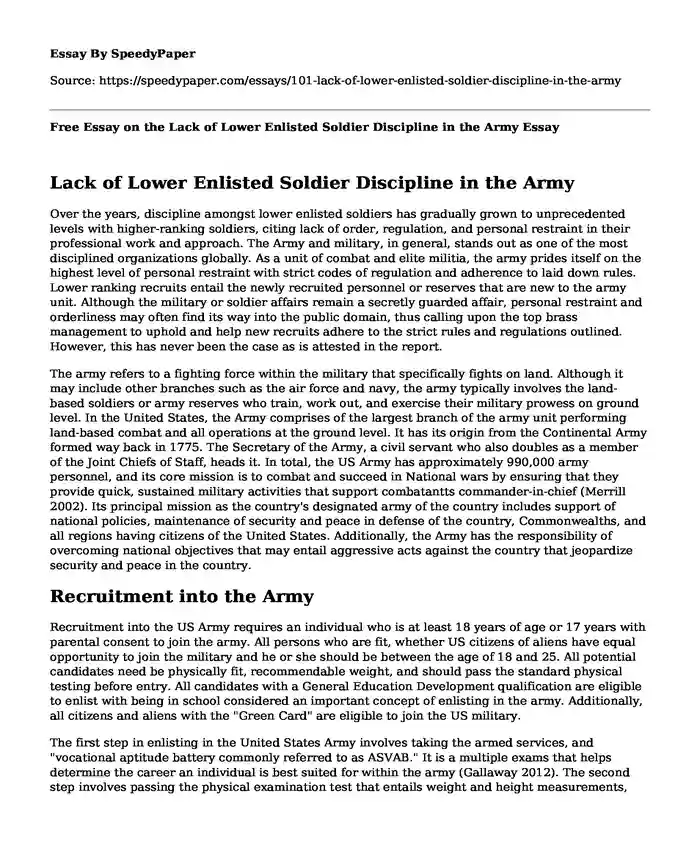 Free Essay on the Lack of Lower Enlisted Soldier Discipline in the Army