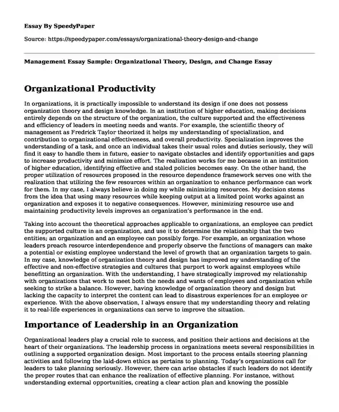 Management Essay Sample: Organizational Theory, Design, and Change