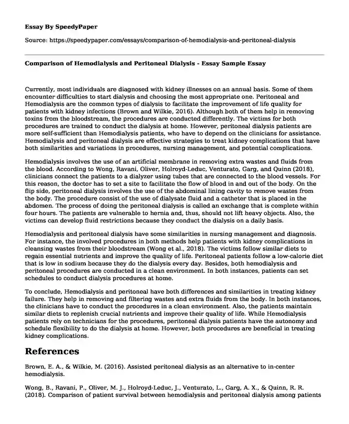 Comparison of Hemodialysis and Peritoneal Dialysis - Essay Sample