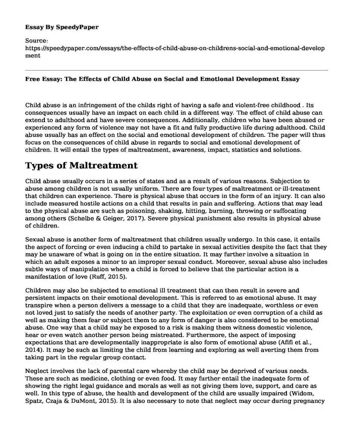 Free Essay: The Effects of Child Abuse on Social and Emotional Development