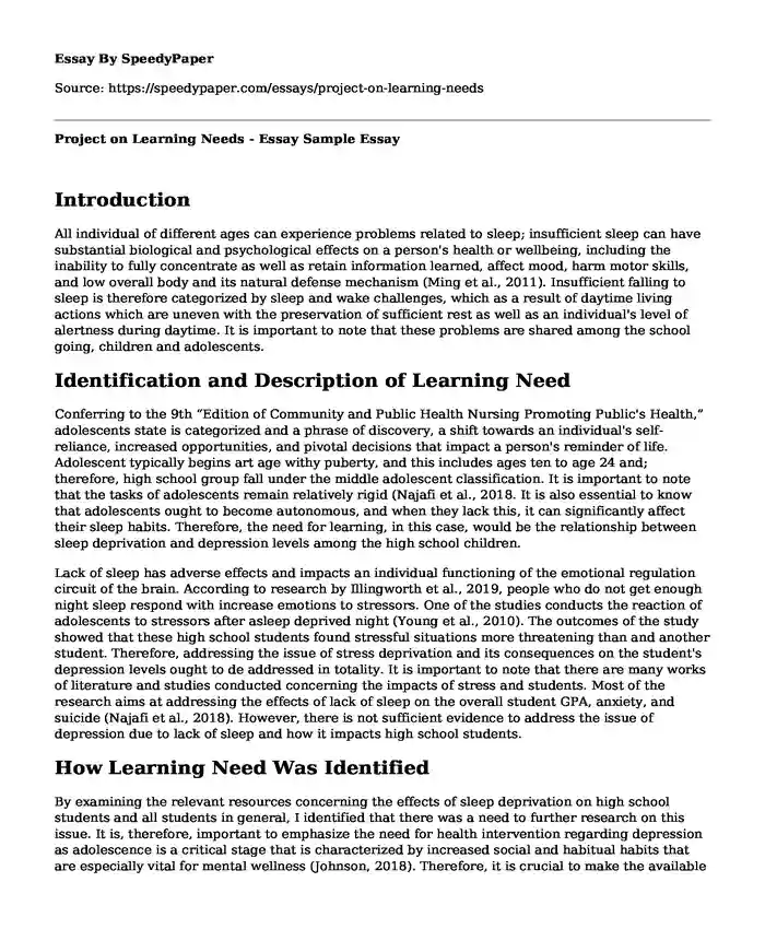 Project on Learning Needs - Essay Sample