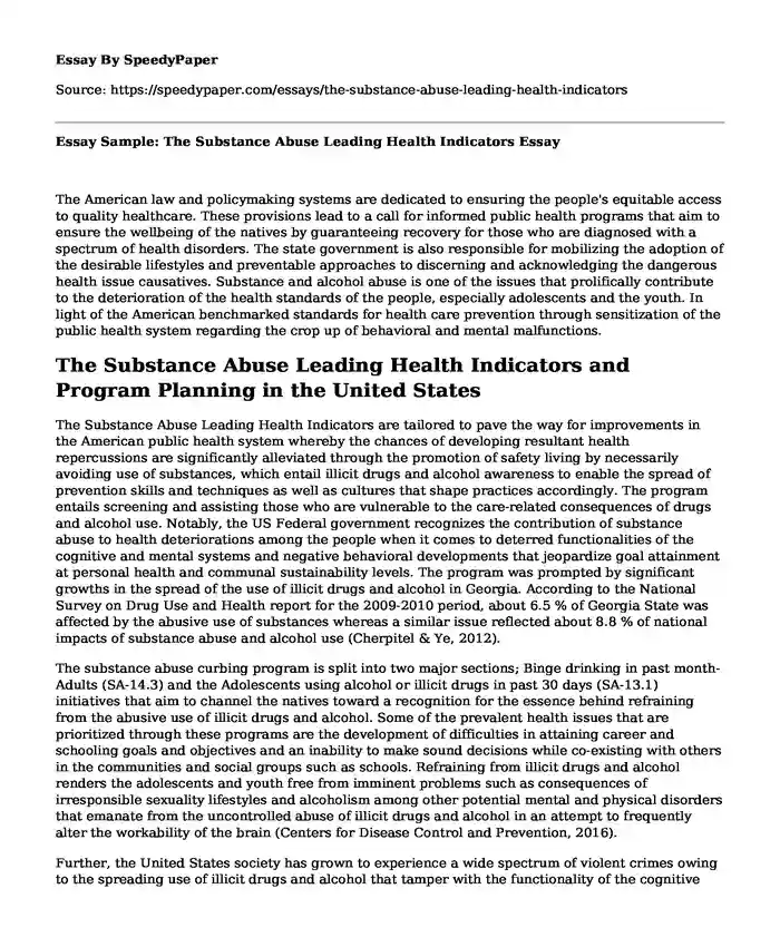 Essay Sample: The Substance Abuse Leading Health Indicators