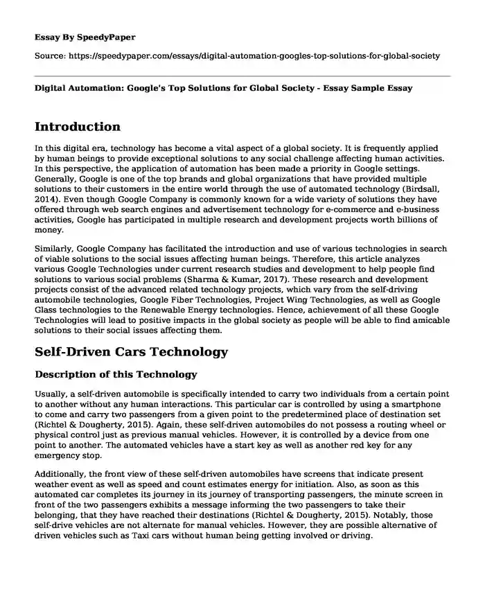 Digital Automation: Google's Top Solutions for Global Society - Essay Sample
