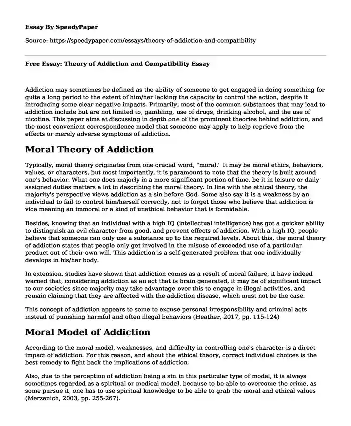 Free Essay: Theory of Addiction and Compatibility