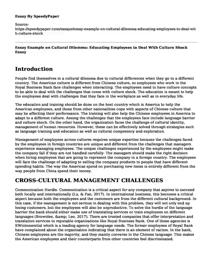 Essay Example on Cultural Dilemma: Educating Employees to Deal With Culture Shock