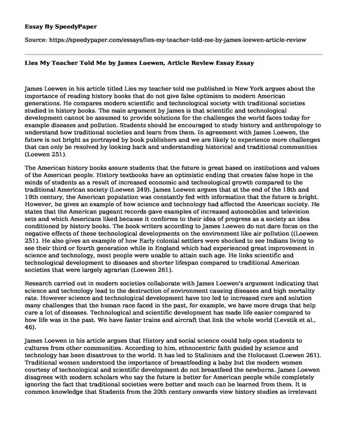 Lies My Teacher Told Me by James Loewen, Article Review Essay