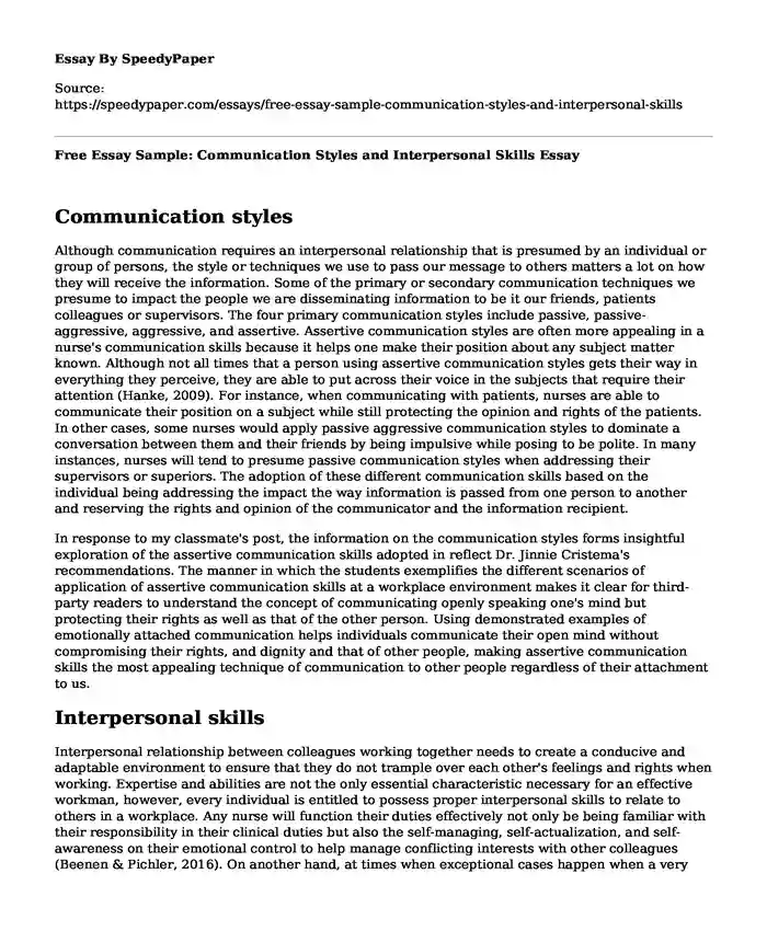 Free Essay Sample: Communication Styles and Interpersonal Skills