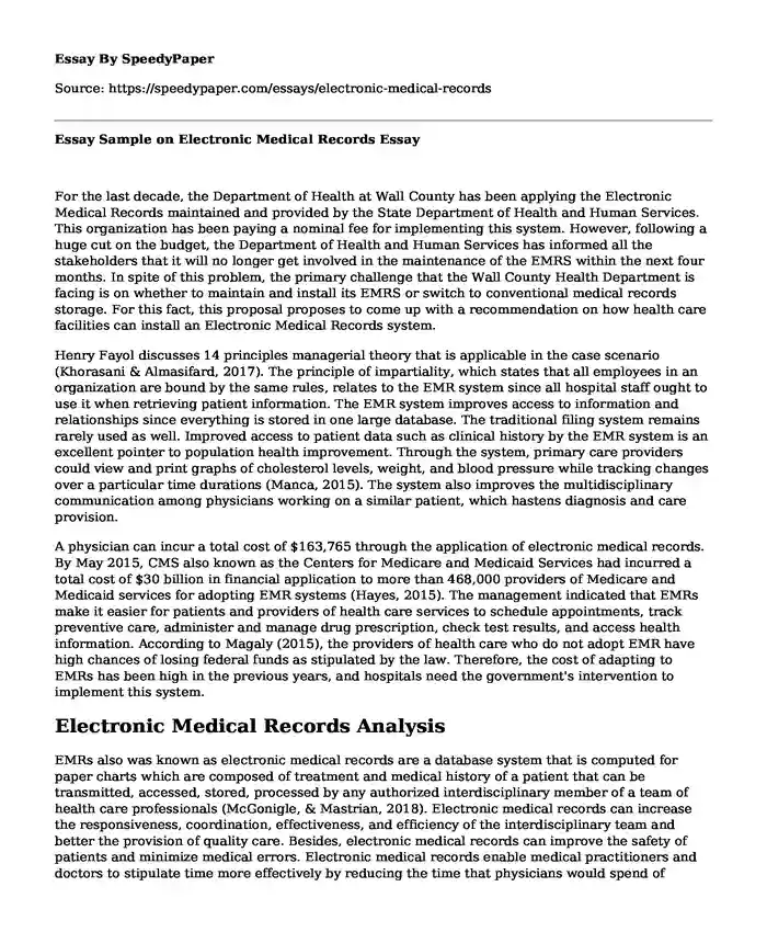 Essay Sample on Electronic Medical Records 