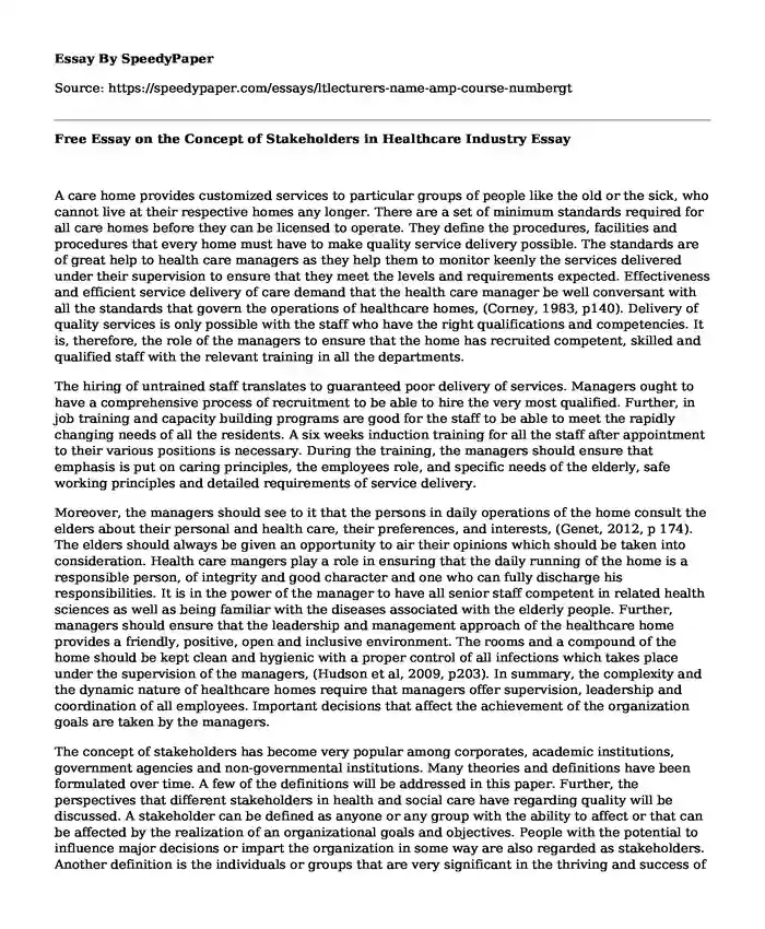 Free Essay on the Concept of Stakeholders in Healthcare Industry