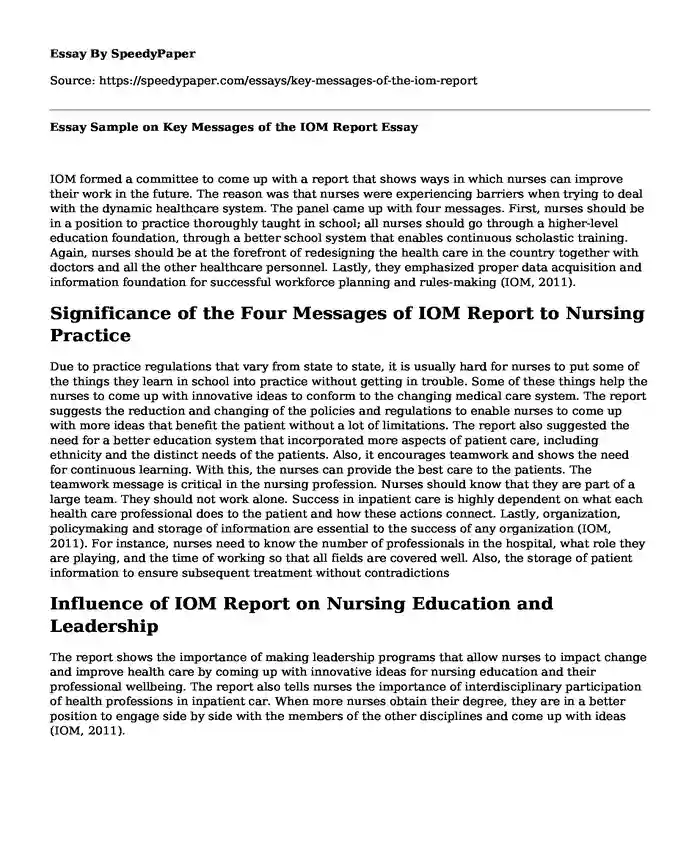 Essay Sample on Key Messages of the IOM Report