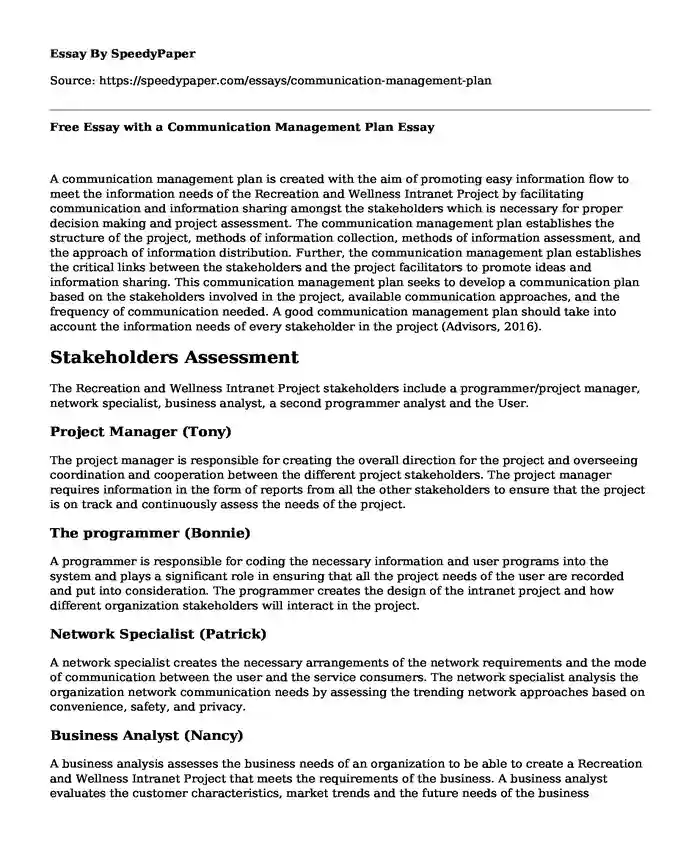 Free Essay with a Communication Management Plan