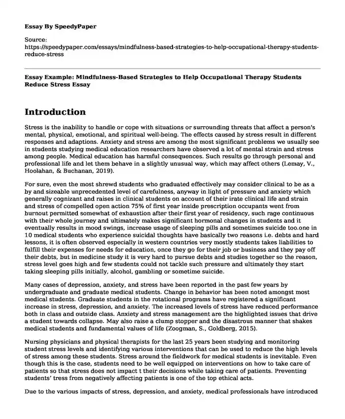 Essay Example: Mindfulness-Based Strategies to Help Occupational Therapy Students Reduce Stress