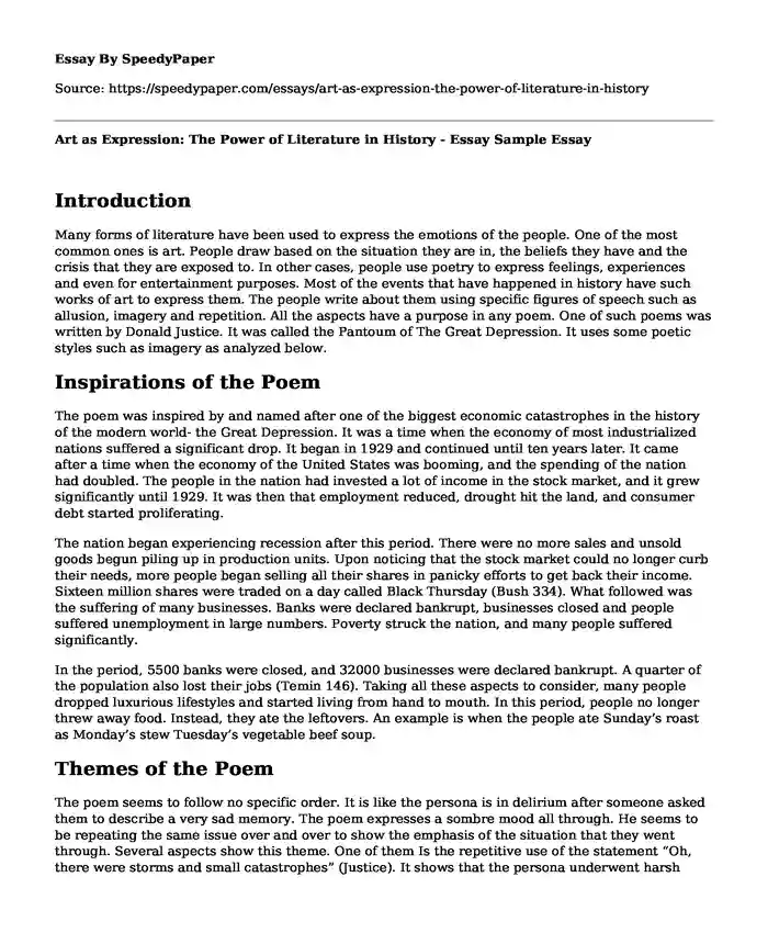 Art as Expression: The Power of Literature in History - Essay Sample
