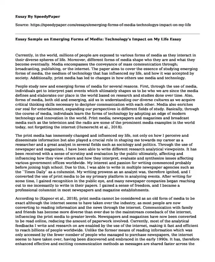 Essay Sample on Emerging Forms of Media: Technology's Impact on My Life