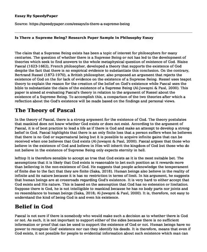 Is There a Supreme Being? Research Paper Sample in Philosophy