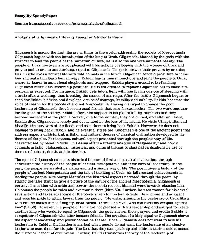 Analysis of Gilgamesh, Literary Essay for Students