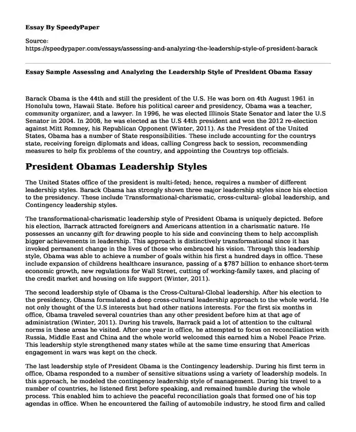 Essay Sample Assessing and Analyzing the Leadership Style of President Obama