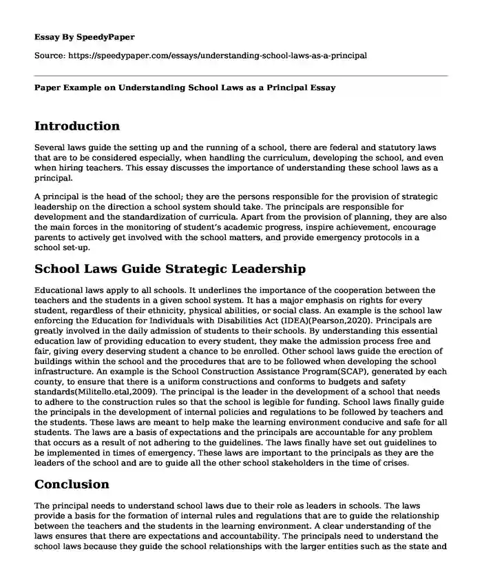 Paper Example on Understanding School Laws as a Principal