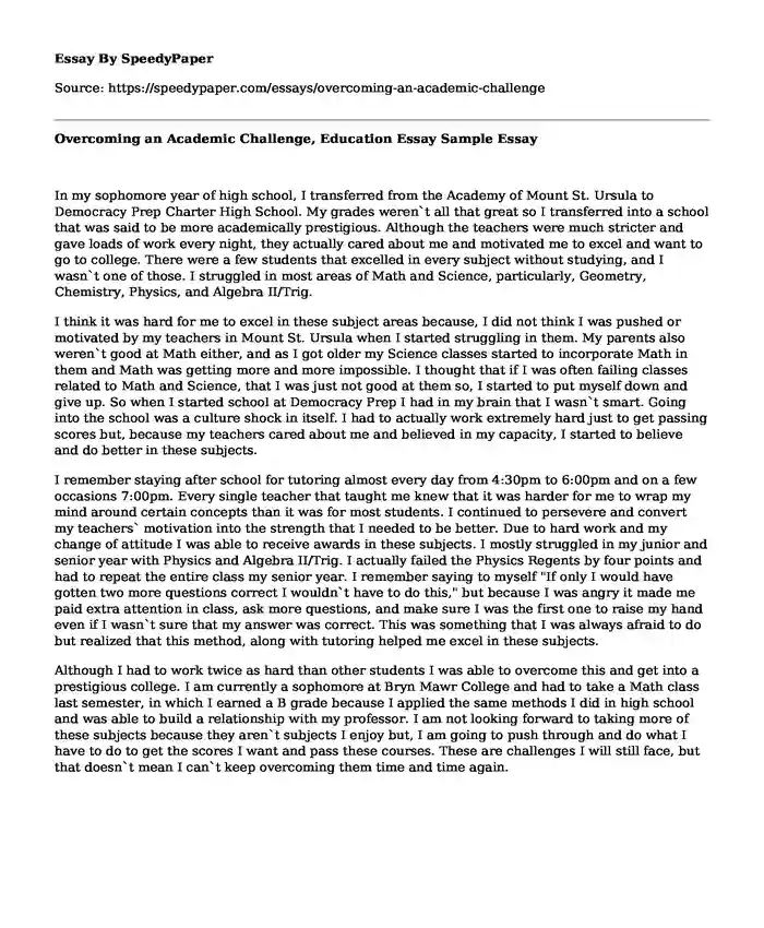 Overcoming an Academic Challenge, Education Essay Sample