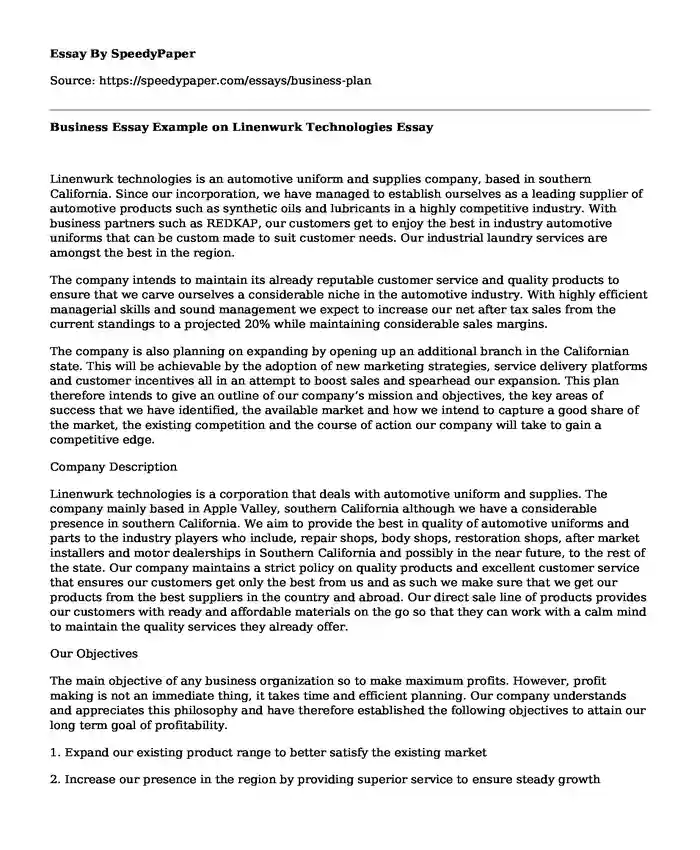 Business Essay Example on Linenwurk Technologies