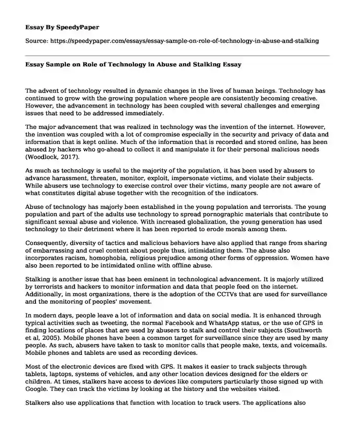 Essay Sample on Role of Technology in Abuse and Stalking