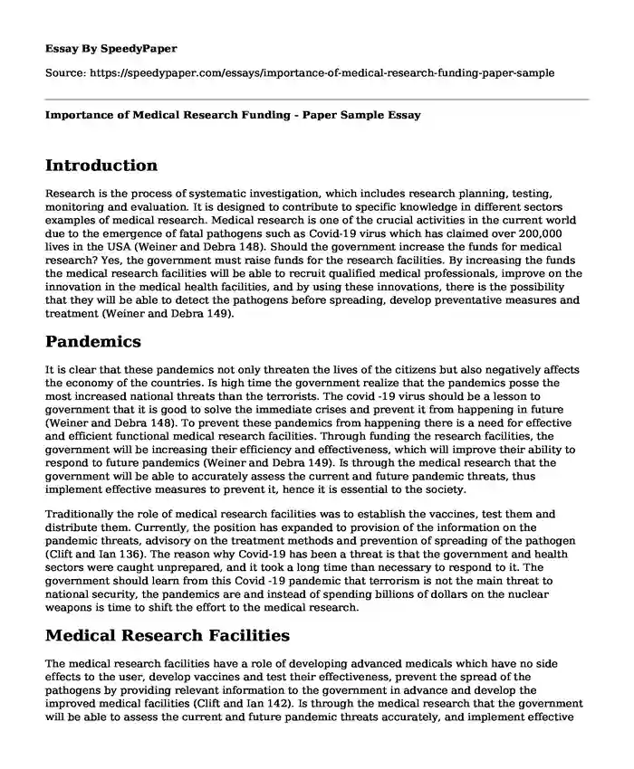 Importance of Medical Research Funding - Paper Sample