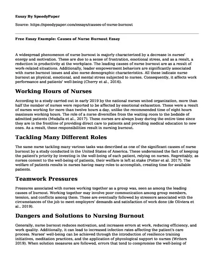 Free Essay Example: Causes of Nurse Burnout