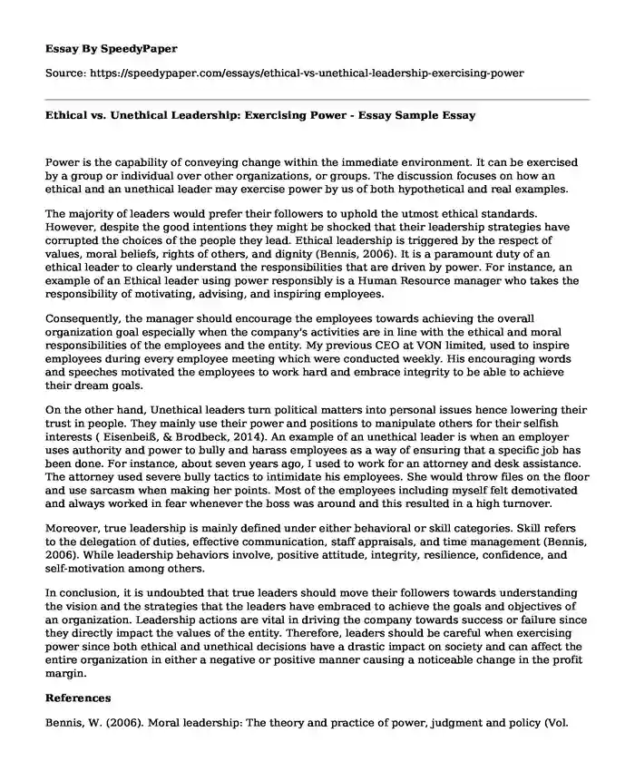 Ethical vs. Unethical Leadership: Exercising Power - Essay Sample