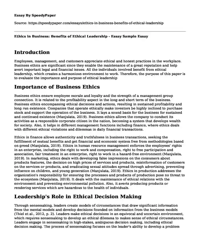 Ethics in Business: Benefits of Ethical Leadership - Essay Sample