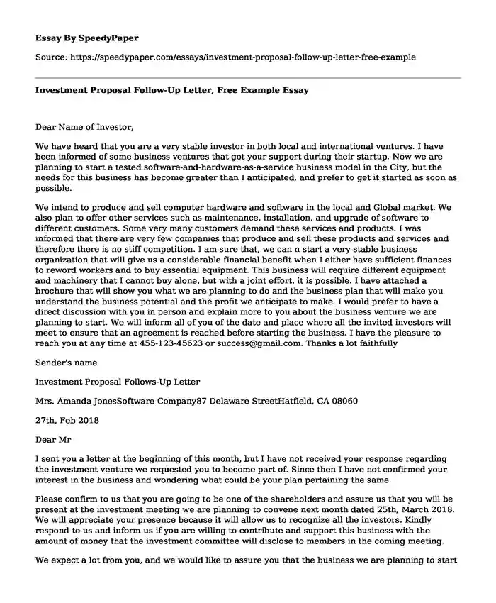 Investment Proposal Follow-Up Letter, Free Example