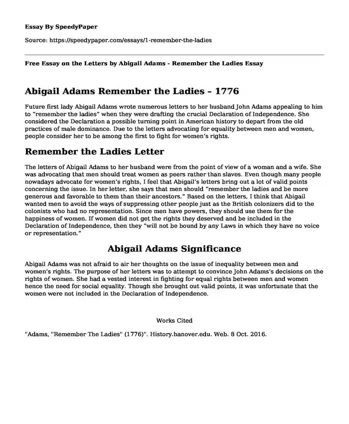 Free Essay on the Letters by Abigail Adams - Remember the Ladies