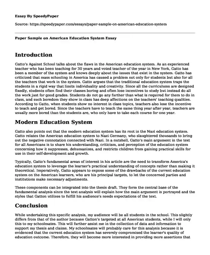 Paper Sample on American Education System