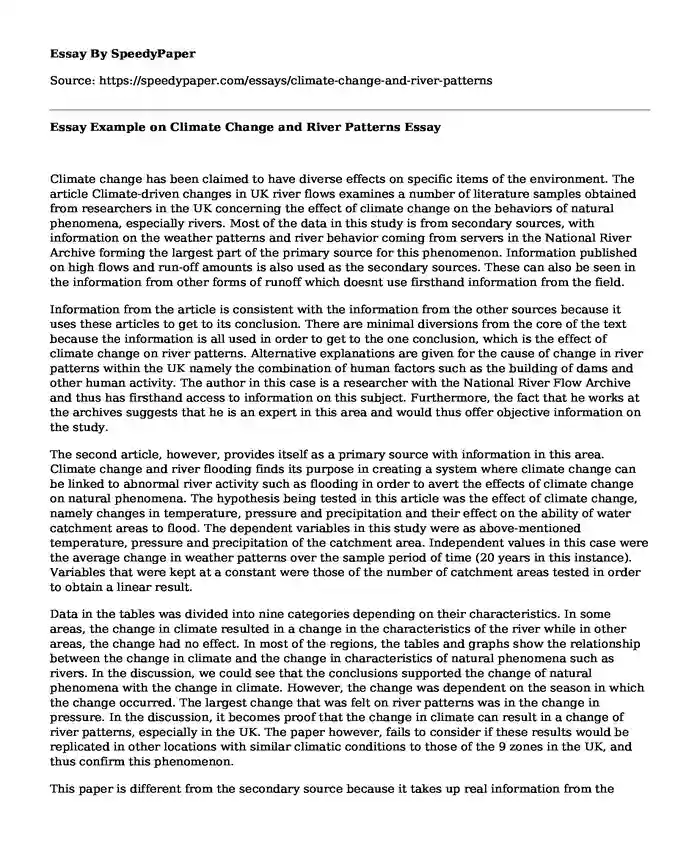 Essay Example on Climate Change and River Patterns