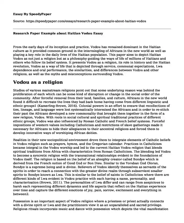 Research Paper Example about Haitian Vodou