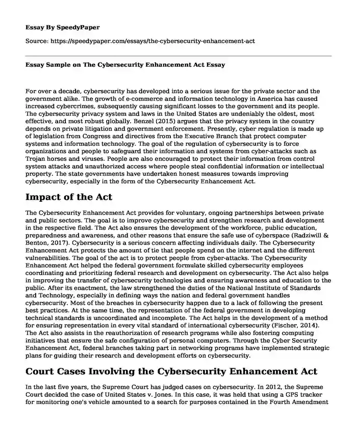 Essay Sample on The Cybersecurity Enhancement Act