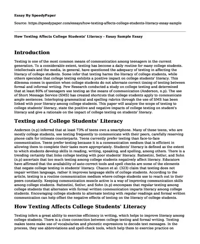 How Texting Affects College Students' Literacy - Essay Sample