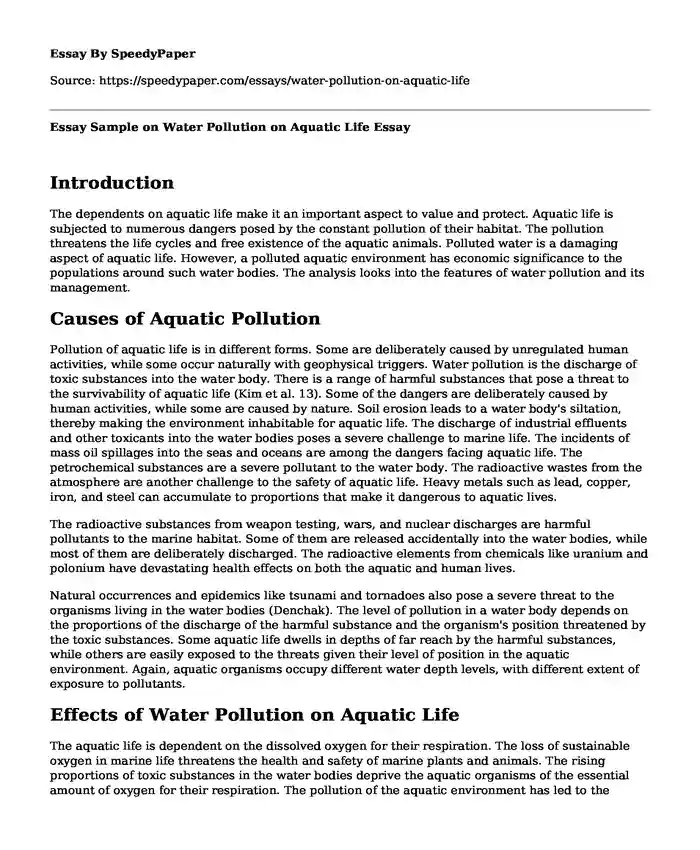 Essay Sample on Water Pollution on Aquatic Life