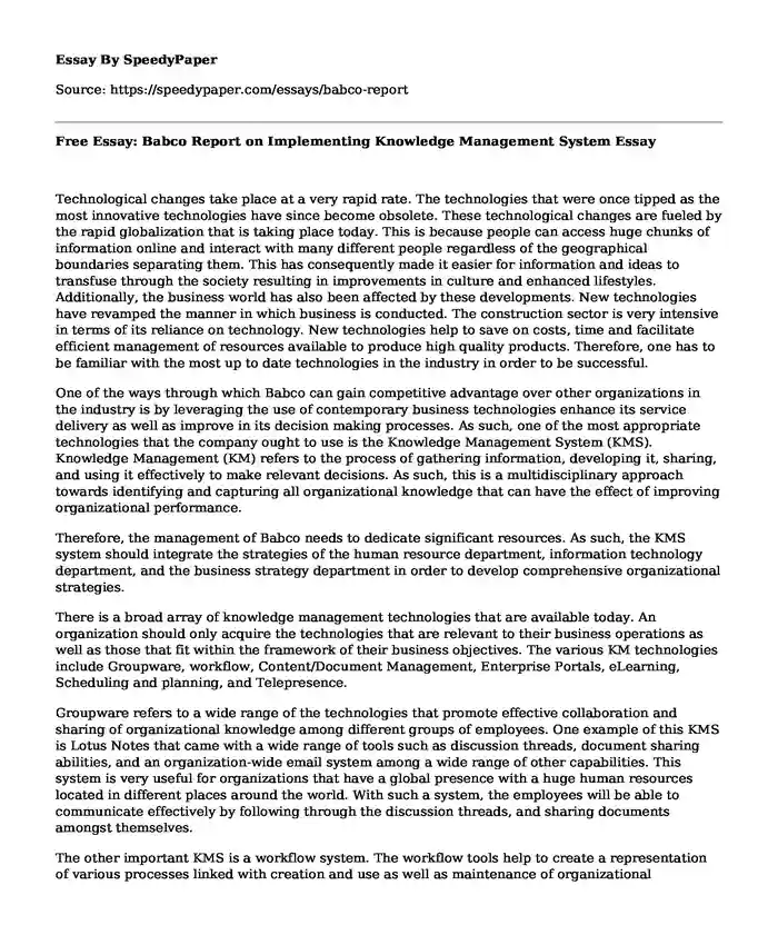 Free Essay: Babco Report on Implementing Knowledge Management System
