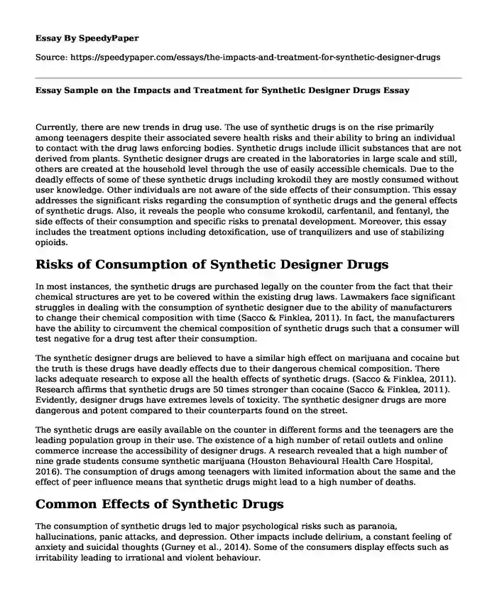 Essay Sample on the Impacts and Treatment for Synthetic Designer Drugs